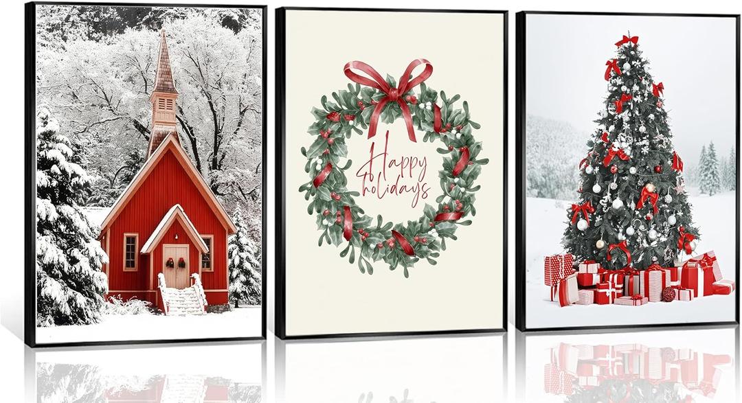 3Pcs Christmas Wall Art Red House Christmas Tree Gift Pictures Fashion Modern Christmas Canvas Paintings Prints Wall Decor Winter Snow Scene Holiday Aesthetic Posters Suitable for Living Room Bedroom Office Decoration Unframed