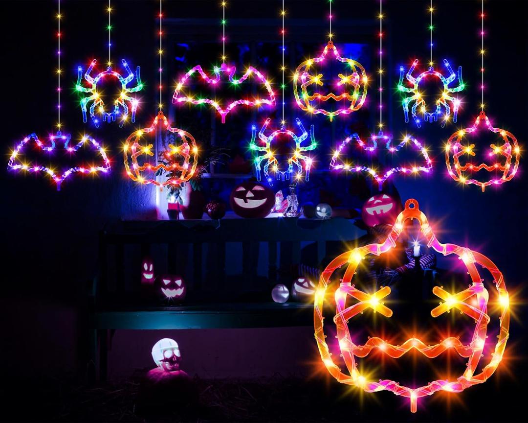 Halloween Window Lights, Hanging Halloween Curtain String Light Pumpkin Bat Spider with Plug 8 Modes 180 LEDs Outdoor Indoor Lighted Decorations for Window Curtain Door Yard Lawn Pathway Wall