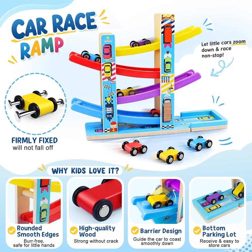 Toddler Toys for 1 2 Year Old Boy and Girl Gifts Wooden Race Track Car Ramp Racer with 4 Mini Car