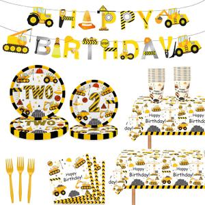 118pcs Construction 2nd Birthday Decor Construction Two Years Old Paper Dinner Plates Napkins Forks Cups Tablecloth Banner Dinnerware for Dump Truck Theme 2nd Bday Party Supplies Decorations