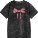 Verdusa Women's Grunge Washed Bow Tops Streetwear Short Sleeve Going Out Summer Tee Shirts (Black, M)