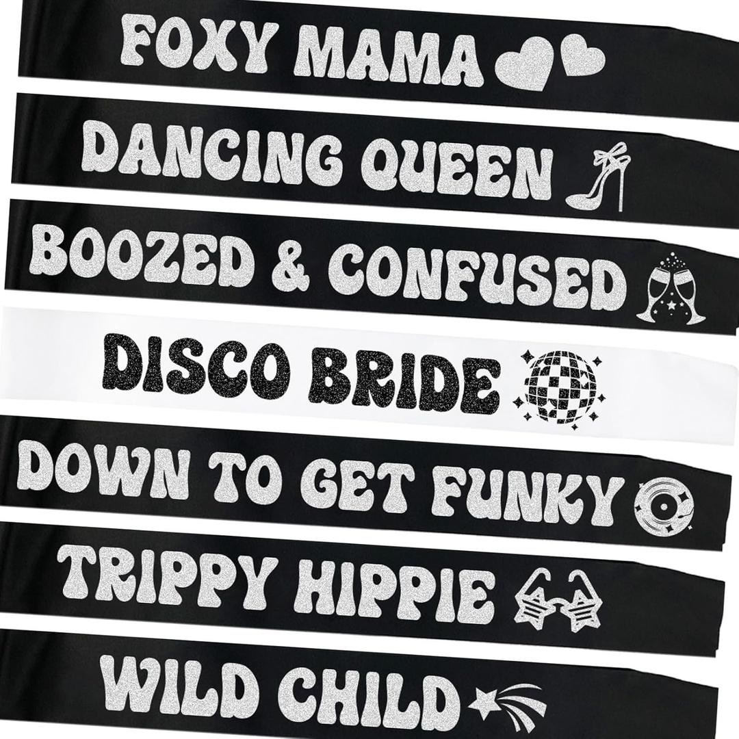 7Pcs Bachelorette Party Sashes 1 Pack Bride Sash and 6 Pack Team Bride Sashes for Retro Bachelorette Bridal Shower Engagement Party Decor Black