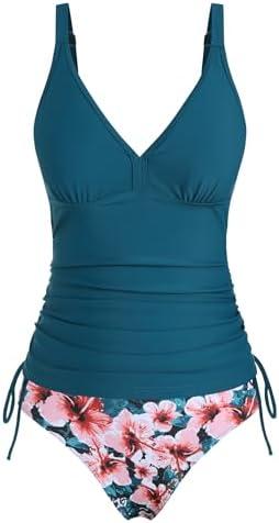 ZAFUL Women's Color Block Ruched Tankini Set V-Neck Drawstring Side Two Piece Swimsuit Tummy Control Bathing Suit Size L