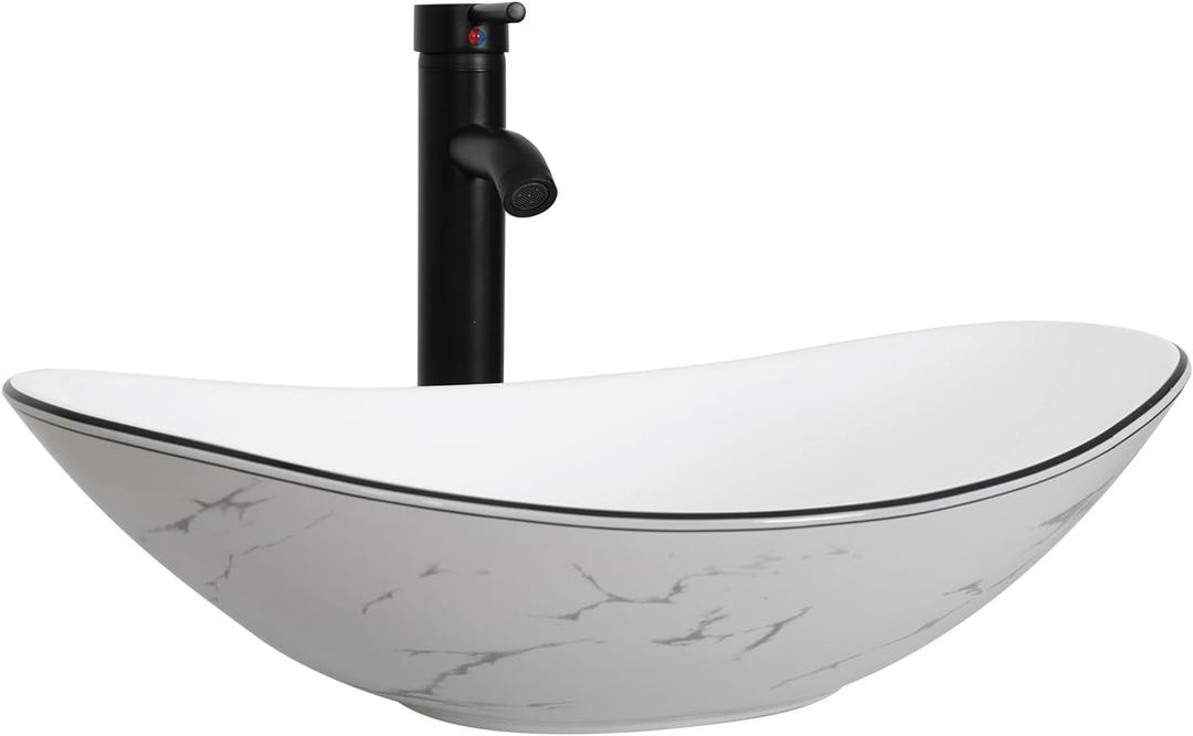 Ceramic Bathroom Sink, White Marble Boat Shape Above Counter Porcelain Vessel Sink with Black Faucet and Pop up drain Set