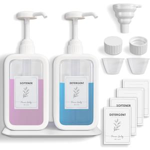 Cleaniverse Liquid Laundry Detergent Dispenser - 64oz Plastic Laundry Detergent Containers w/Labels, Funnel, & More - High Volume Laundry Detergent Pump Dispenser & Softener Storage for Laundry Room