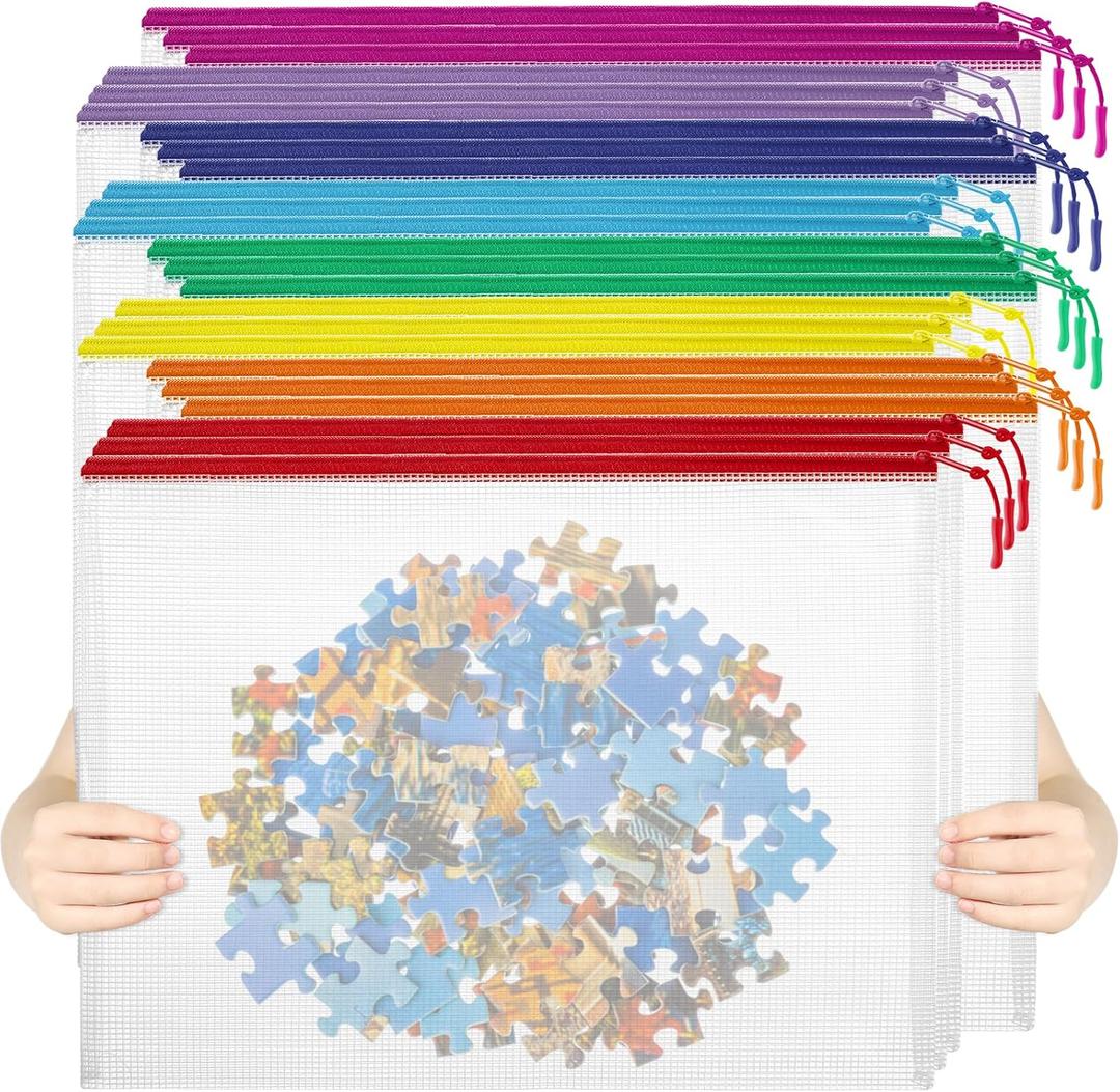 24pcs Mesh Zipper Pouch File Bags Puzzle Storage Bags, A3 17x12 Inches Large Reusable Zipper Pouches for Organizing Classroom Board Game Organization (8 Colors)