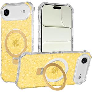 Magnetic for iPhone Air Case with Invisible Stand, Compatible with MagSafe, Clear Bling Sparkle Shockproof Slim Anti-Slip Military Drop Protection Hard Phone Case 6.5" Glitter Gold