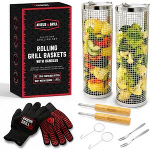 AVIEUS Grill Rolling Grill Basket | Rolling Grilling Baskets for Outdoor Grilling 2 Pcs | Barbecue Grill Set with BBQ Gloves | Portable Camping Net Rack Perfect for Vegetables, Seafood & Meat