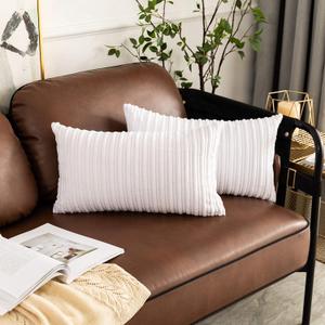 2 x UGASA Pack of 2, Velvet Pillow Covers Striped, Soft Textured Throw Cushion Case Set, Accent Corduroy Lumbar Pillowcases with Hidden Zipper for Home Decor Indoor Outdoor (12"x20", Pure White)