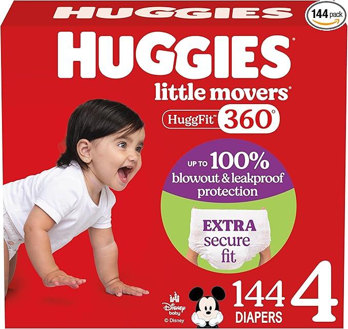 Huggies Size 4 Baby Diapers, Little Movers HuggFit 360° Baby Diapers with 360° Waistband, Size 4 (22-37 lbs), 144 Count (4 Packs of 36), Packaging May Vary