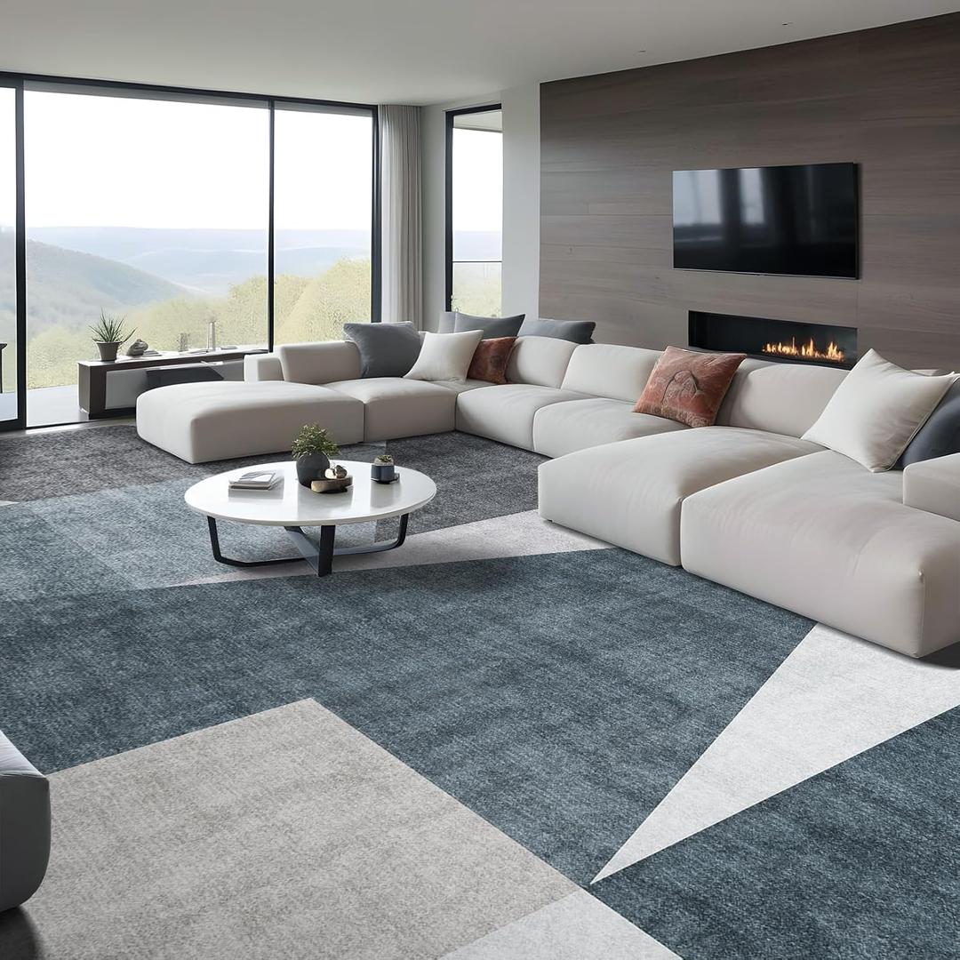 Washable Modern Area Rug: 10x14 Large Geometric Area Rugs for Living Room & Bedroom with Non-Slip Backing Modern Geometric Carpet for Living Room Blue Grey 10'x14'.