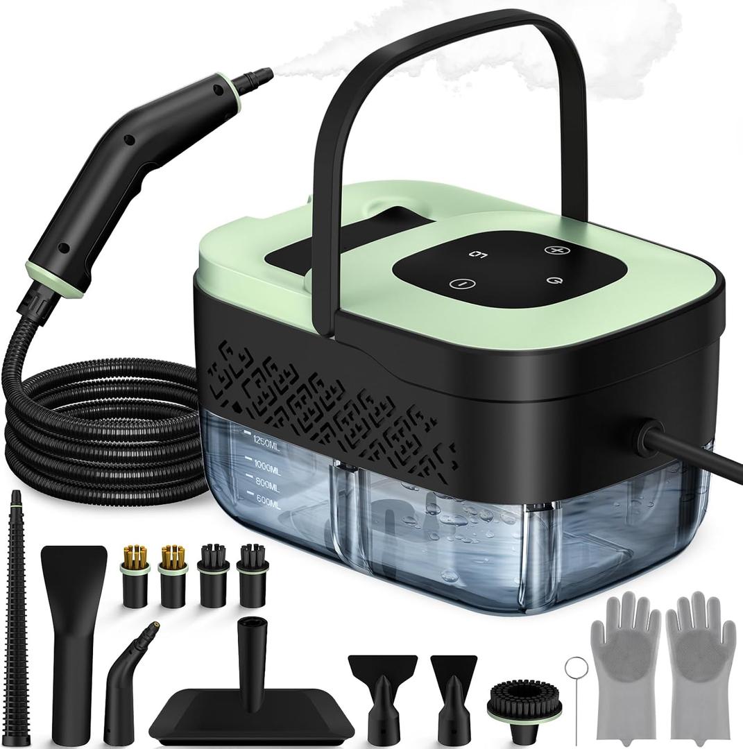 Steam Cleaner, Portable Steamer for Cleaning with 16pcs Accessories, 6-Level Adjustable, 15s Heat-Up, Handheld Steam Cleaner for Home for Tile, Grease, Dirt, Grout, Car Detailing, Green