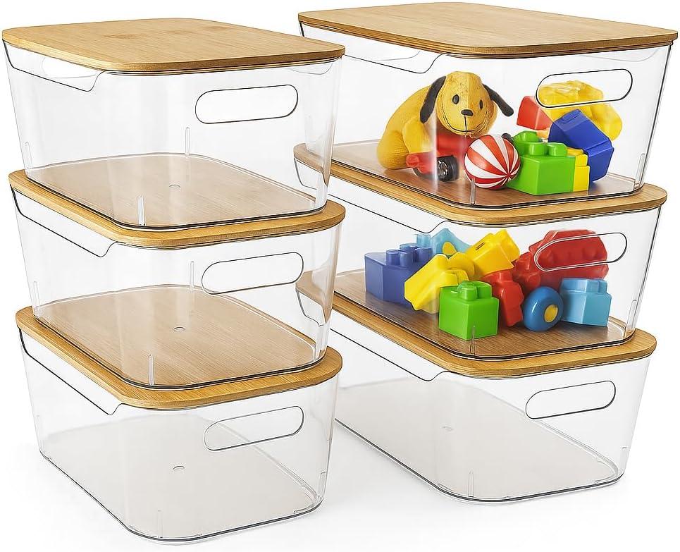 6 Pack Clear Storage Bins with Bamboo Lids, Stackable Organization and Storage Containers with Handle for Pantry, Cabinet, Closet, Fridge, Bathroom, Organizer Bins for Home & Kitchen