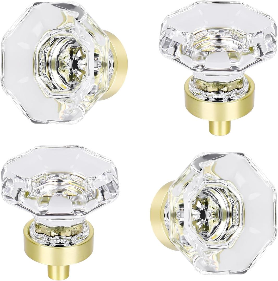 Clear Glass Crystal Cabinet Knobs Satin Brass, Gold Pulls and Knobs for Cabinet Dresser Drawer(4 Pcs, Octagon)