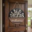 3D 17.7" Welcome Sign for Front Door, Large Black Wooden Flower Door Hanger, Rustic Round Wood Plaque Wall Hanging Decor for Front Porch Outdoor Farmhouse Home Decorations HouseWarming Gift