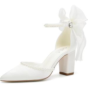 Dilhik Block Heel Wedding Shoes for Bride Bow Heels Pointed Toe Pearl Bridal Shoes Wedding Heels (6, Ivory)