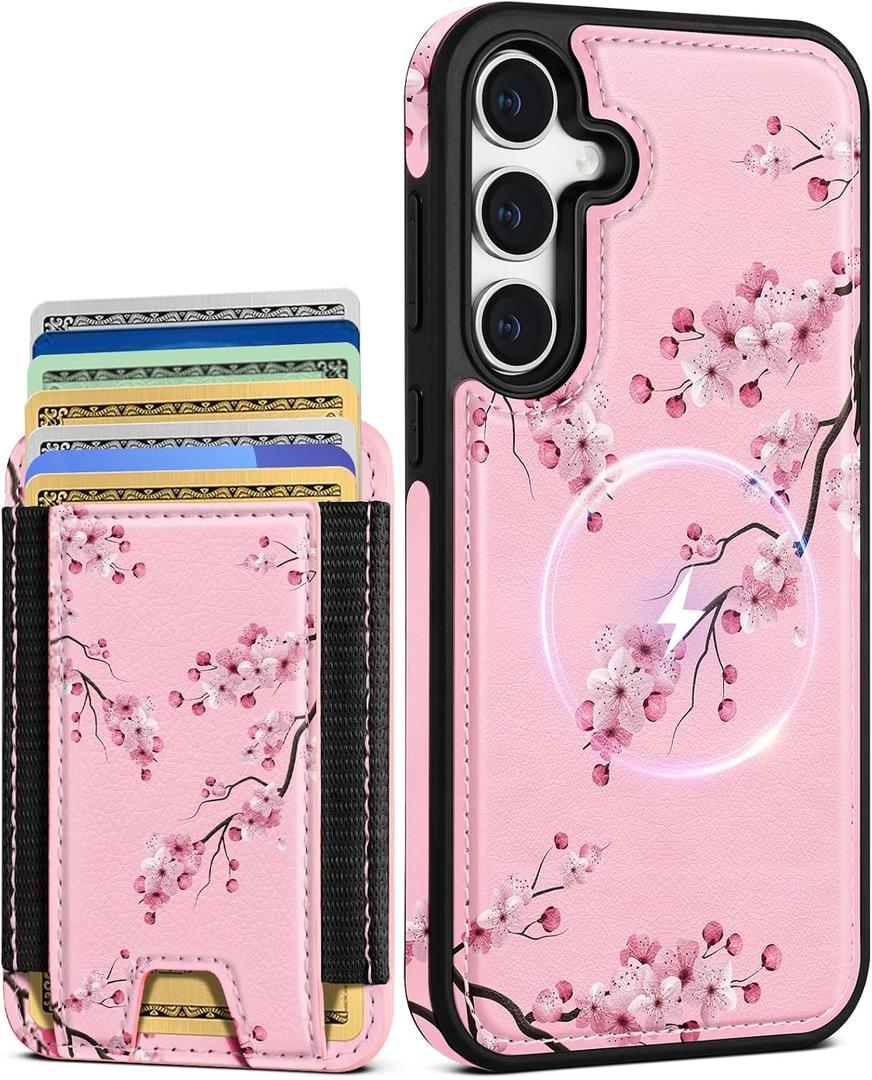 Shorogyt for Samsung Galaxy S25 Cute Kawaii Leather Phone Case - Compatible with Magsafe Wallet Magnetic Credit Card Holder Fashion Peach Blossom Design Phone Cover for Women Girls, Fits 7 Cards
