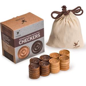 Husaria Wooden Italian Style Checker Pieces with Stackable Ridges and Drawstring Pouch, 40 Pieces