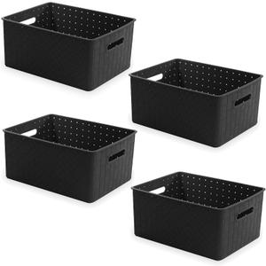 BINO Plastic Basket, Medium - Black, 4 Pack, The Stable Collection, Multi-Use Storage Basket, Rectangular Cabinet Organizer, Home & Office Storage Organizer, Baskets for Bathroom Organizing