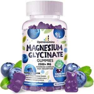 2 x Magnesium Glycinate Gummies 2500mg - Sugar Free Magnesium Potassium Supplement with Vitamin D, B6, CoQ10 for Calm Mood & Sleep Support - 90 Blueberry Gummies
