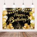10x8ft Happy Birthday Backdrop Happy Birthday Banner for Men Black and Gold Party Decorations Photo Background
