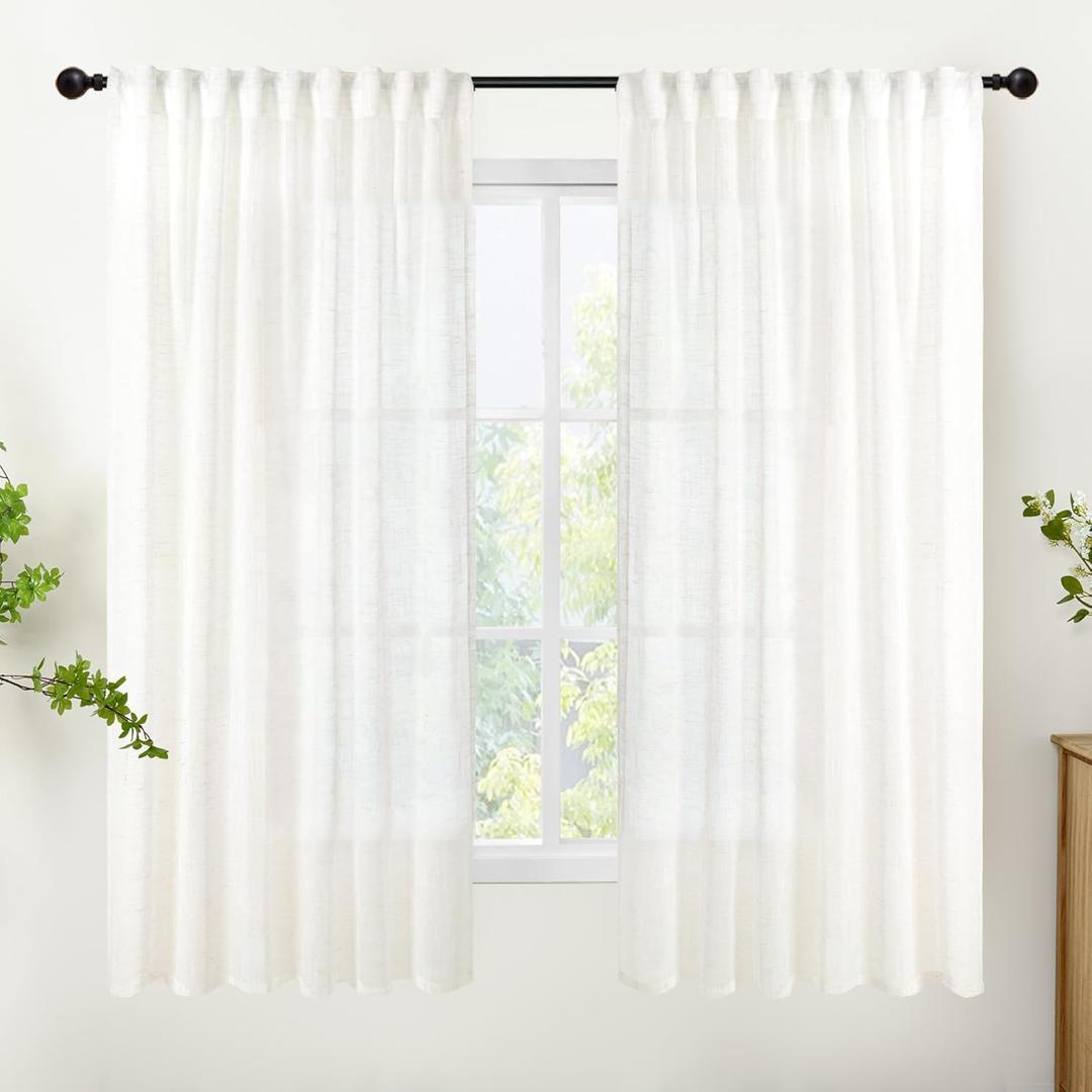 YoungsTex Linen Semi Sheer Curtains 63 Inch Length for Living Room Windows, Ivory White Light Filtering Drapes with Rod Pocket Back Tab Natural Textured for Bedroom, 52 X 63 Inch