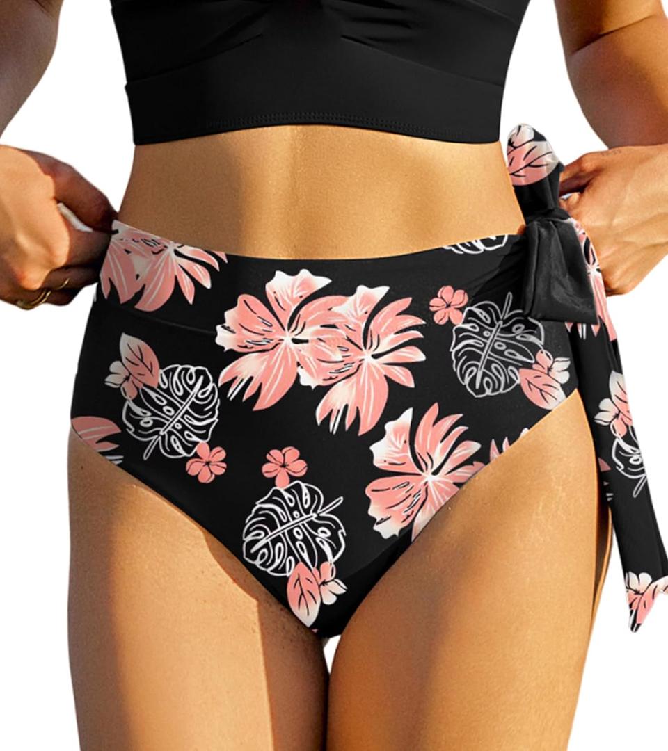 ZAFUL Women High Waisted Bikini Bottoms Ruched Swimsuit Bottom Tummy Control Bathing Suit Bottoms (L, 99-floral Black)