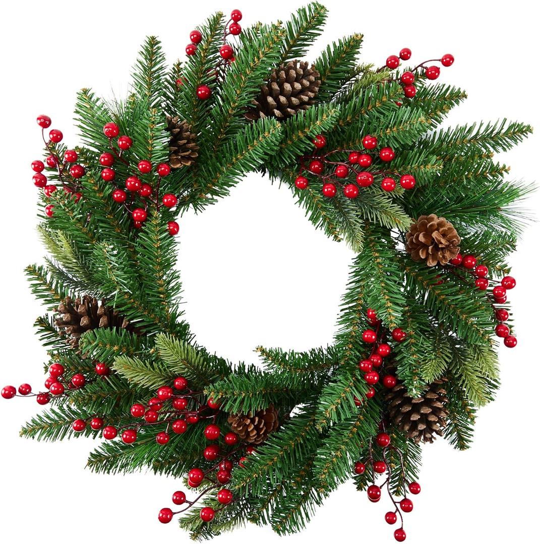 Large Outdoor Christmas Wreath, 24 Inch Christmas Wreaths for Front Door Outside, Farmhouse Indoor Winter Wreath Window, Home Decorations with Pine Cones, Red Berries, Evergreen Leaves