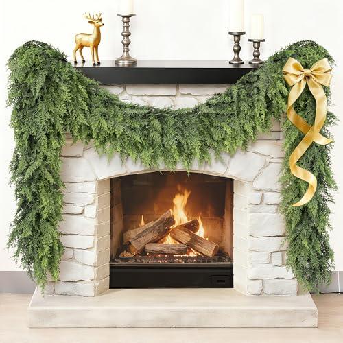 Christmas Garland Real Touch Cedar Garland Christmas Decorations 6 ft Soft and Lush Realistic Faux Pine Garlands for Mantle, Table, Stairs, Fireplace Indoor Outdoor Home Holiday Decorations(2 PCs)