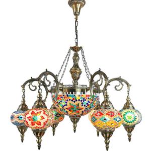 Fiunkes 6+1 Globes Turkish Moroccan Mosaic Chandelier Handmade Pendant Light Fixture Decorative Bohemian Hanging Ceiling Lamp for Living Room, Bedroom, Cafe, Bar, W31″H36″