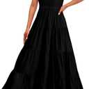 PRETTYGARDEN Women's Summer Flowy Maxi Dress Casual Cap Sleeve V Neck Smocked Beach Sundress (Solid Black, Small)