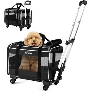 Cat Dog Carrier with Wheels Airline Approved Rolling Pet Carrier with Telescopic Handle, Shoulder Strap and Pet Bowl, Black