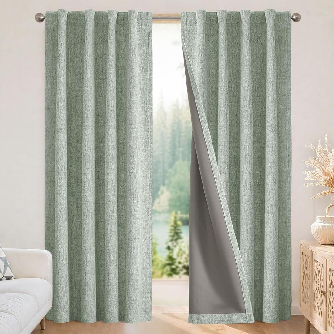 Joydeco Linen Blackout Curtains for Bedroom - 100% Light Blocking 1 Panels, Sage Green Drapes 100" W x 120" L, Thermal Insulated Room Darkening Curtains for Living Room, Rod Pocket & Back Tabs