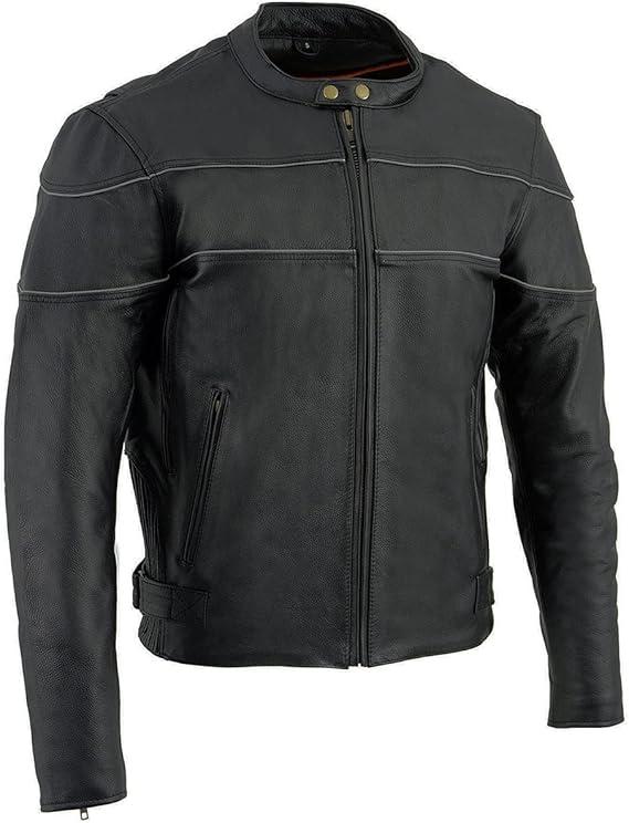 Milwaukee Leather SH1785 Men's Black Leather Scooter Style Motorcycle Jacket w/Side Stretch and Reflective Piping,  Large