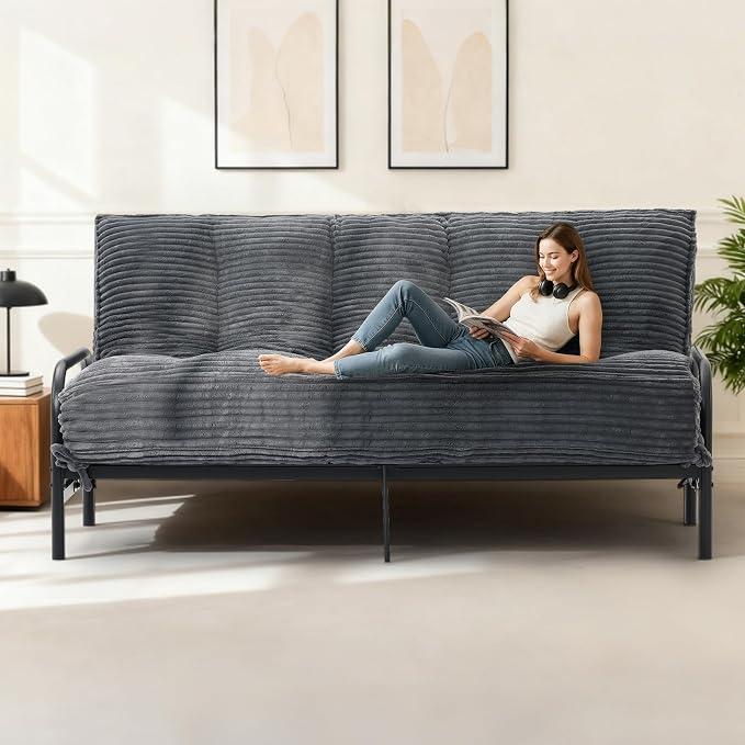 feliz home 10" Futon Mattress Queen Size,Futons Sofa Couch Bed with Straps, Thick Corduroy Floor Mattress for Adults, Roll Up Folding Mattress Shredded Foam Filling, Medium Firm (Gray, Full)