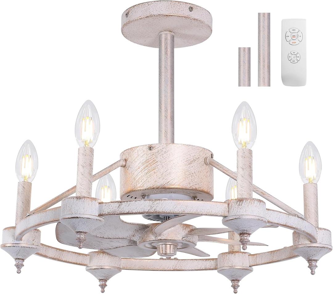Rustic White Chandelier Ceiling Fans with Lights, 20.5" Wagon Wheel Chandelier Fan,Adjustable Height,3 speeds,Fandelier with Lights and Remote for Kitchen Living Room Dining Room