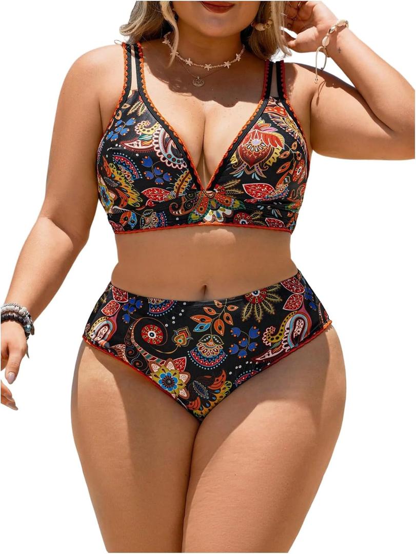 SweatyRocks Women's Plus Size 2 Piece Boho Printed Bikini Set High Waisted Bathing Suit Swimwear 3XL