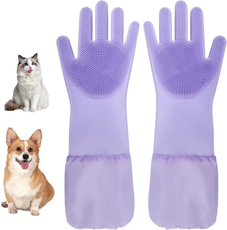 ROBATUN Dog Washing Gloves & Hair Remover for Cats and Dogs,Dog Bath Gloves with Extended Length,Comfortable Dog Bath Gloves for Gentle Bathing Efficient, Multifunctional Silicone Pet Gloves(Purple