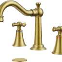 Hurran 8 Inch Widespread Bathroom Sink Faucet Brushed Gold, 3 Hole 2 Cross Handles Classic Vintage Antique Faucet with Metal Pop Up Drain and Supply Hoses for Vanity, RV, Farmhouse