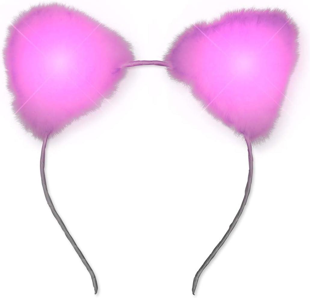 Light Up Soft White Furry Kitty Cat Ears Headband with Pink LED Lights