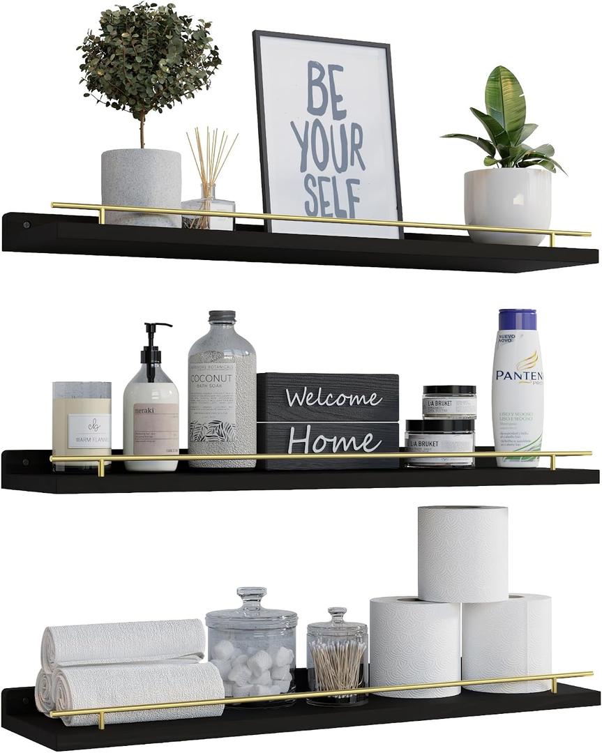 WOPITUES Floating Shelves 24 inch with Gold Metal Guardrail, Shelves for Wall Decor Set of 3, Wall Shelves for Bedroom, Bathroom, Kitchen, Living Room, Plants, Picture Frames, Art- Black and Gold, 23.6 inch