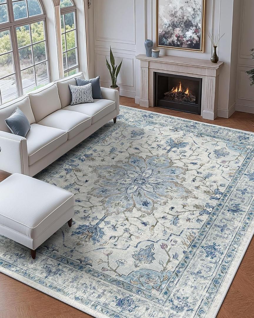 Area Rugs 9'x12' Washable Non-Slip, Floral Vintage Distress Print Pattern Medallion Carpet for Living Room Bedroom Dining Room, Light Blue Navy Beige Gray White
