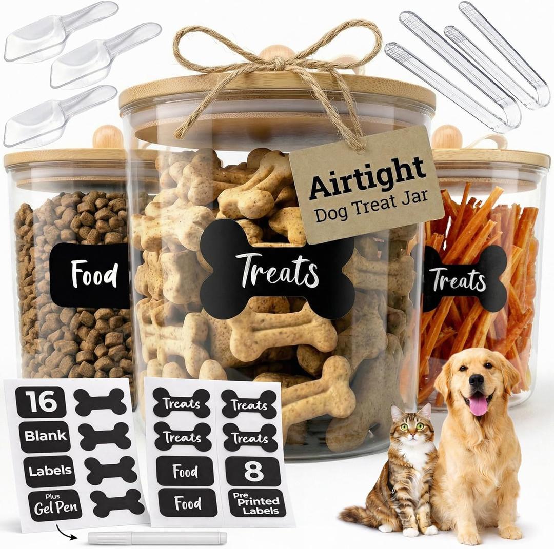 3 Acrylic Airtight Dog Treat Container , Dog Treat Jar Each Holds 4.4 QT / 17.5 Cups Kibbles Food Storage With Lid +24 Labels for Kitchen Counter Pet Cookie Jars With Lid Air Tight Cat Treats Canister