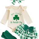Amnnchya My First St Patricks Day Baby Girl Outfit Clover Romper Plaid Shorts Skirt Newborn Girls Shamrock Clothes 4PCS Set, 3-6 M