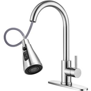 Kitchen Faucets Brushed Nickel Pull Out Kitchen Sink Water Tap Deck Mounted Mixer Stream Sprayer Head Hot Cold Taps with Pull-Down-Sprayer Farmhouse Camper Laundry Rv Bar (Silver)