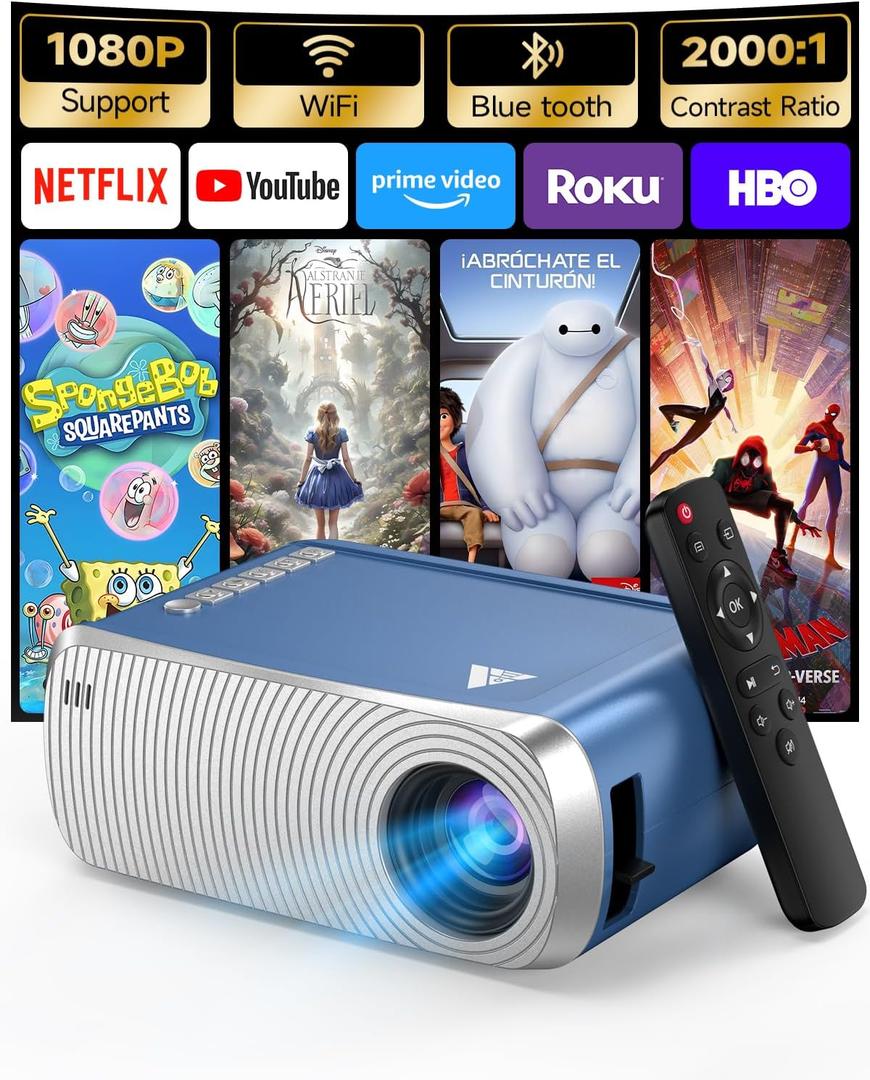 Mini Projector with WiFi and Bluetooth, Portable Movie Projector for iPhone, 1080P Supports with 3W Speaker, for Outdoor Home Theater, Compatible with iOS/Android/PC/TV Stick/HDMI