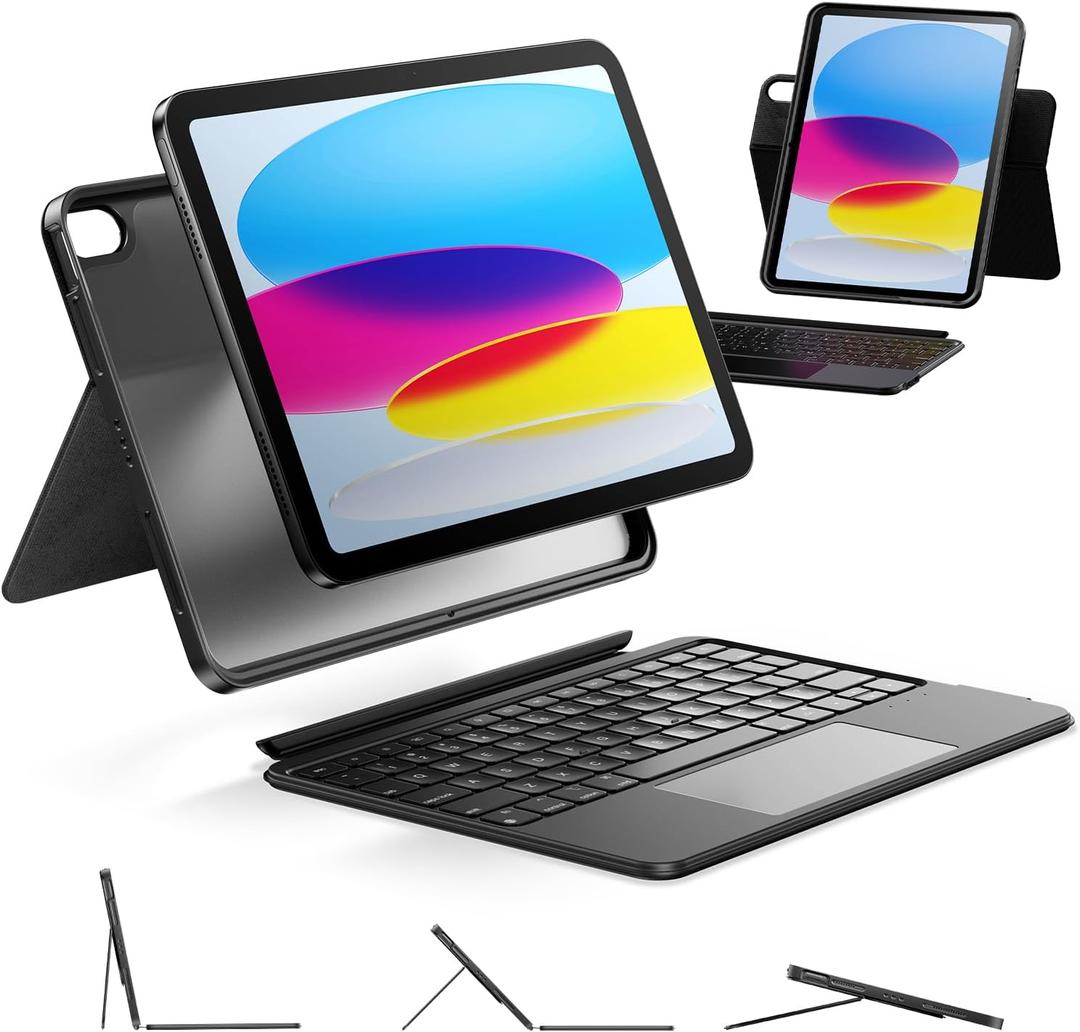 HOU iPad A16 11th/10th Generation Case with Keyboard, Rotatable & Detachable Keyboard Case for iPad 11/10, Elastic Pen Holder, Full Protection Cover, 7-Colors Backlight, Multi-Touch Trackpad (Black)