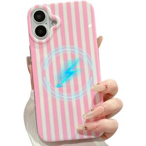 Magnetic Cases for iPhone 16 Case Striped Phone Case Cute Women Girly Trendy Compatible with MagSafe,Shockproof Slim Soft TPU and Hard PC Protective Cover Pink