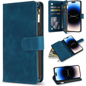 ZZXX for iPhone 14 Pro Case Wallet with [RFID Blocking] Card Slot Premium Soft PU Leather Zipper Flip Folio with Wrist Strap Kickstand Protective Cover for iPhone 14 Pro Wallet Case(Blue-6.1 inch)