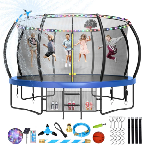 Large Outdoor Trampoline with Basketball Hoop, Size 10FT with Lights for Kids and Adults, Recreational Trampoline with Sprinkler and Stakes